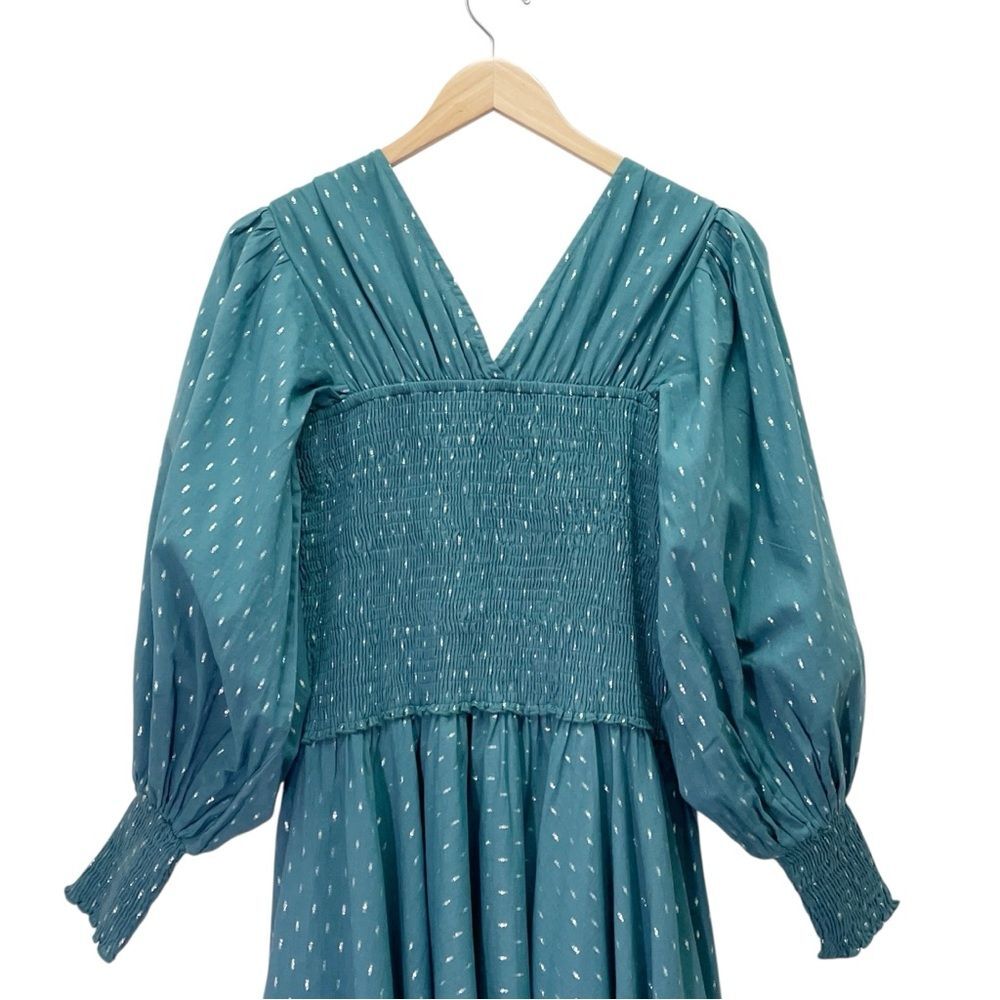 Abacaxi Eva Dress Teal Metallic Cotton Maxi Puff Sleeve Smocked Bodice Sz Large - Picture 8 of 16